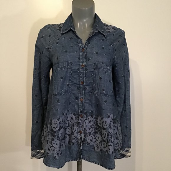 Free People Dottie Over You Chambray Button Up Floral and Plaid Blouse Size S - Picture 1 of 14